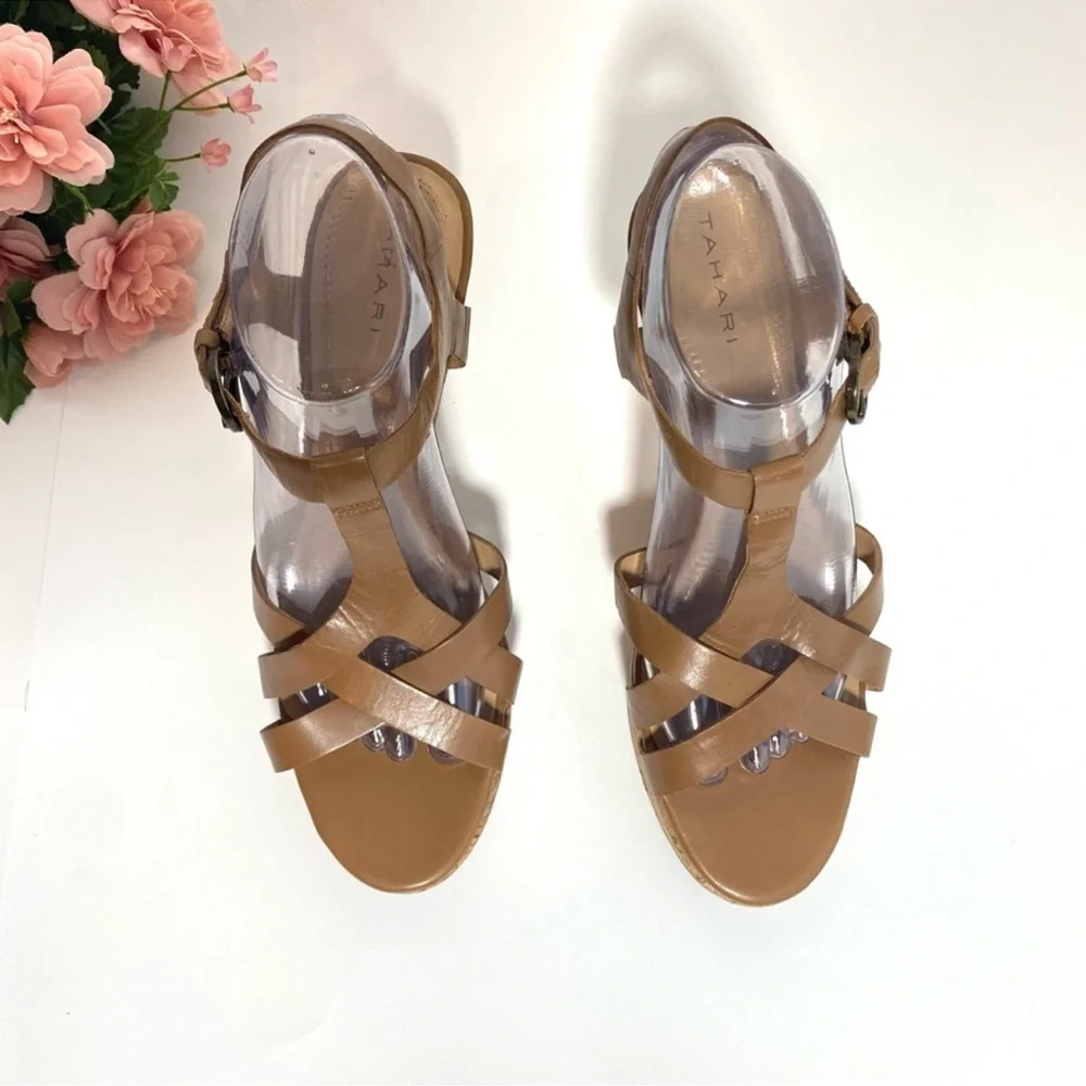 Tahari Sarah Brown Leather Strappy Wedge Sandals